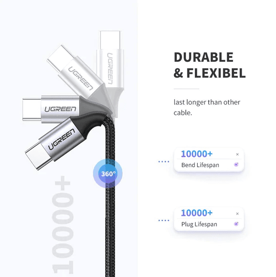 كيبل UGREEN 50152 USB2.0 C M/M Round Cable Nickel Plating Aluminum 2m Gray Black 2