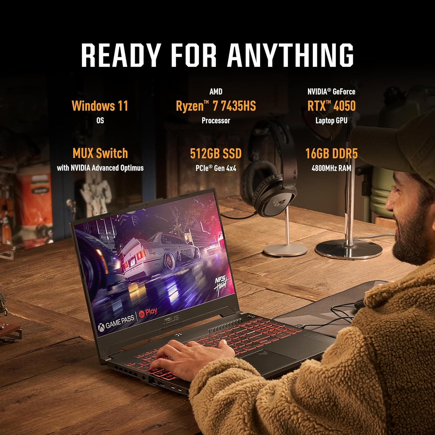 ASUS TUF Gaming A15 AMD Ryzen 7 7435HS 512GB SSD PCIe Nvme 16GB DDR5-4800 RAM 6GB NVIDIA RTX-4050 15.6" FHD IPS 144Hz MS Windows 11 7