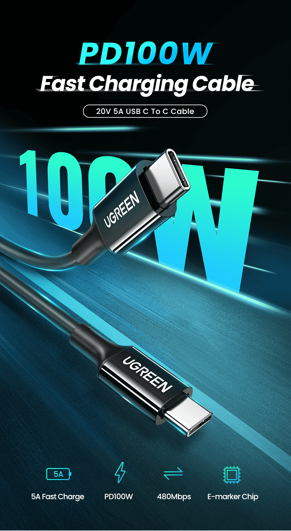 UGREEN 80372 USB-C 2.0 Charging Cable 100W 2m (Black) 13