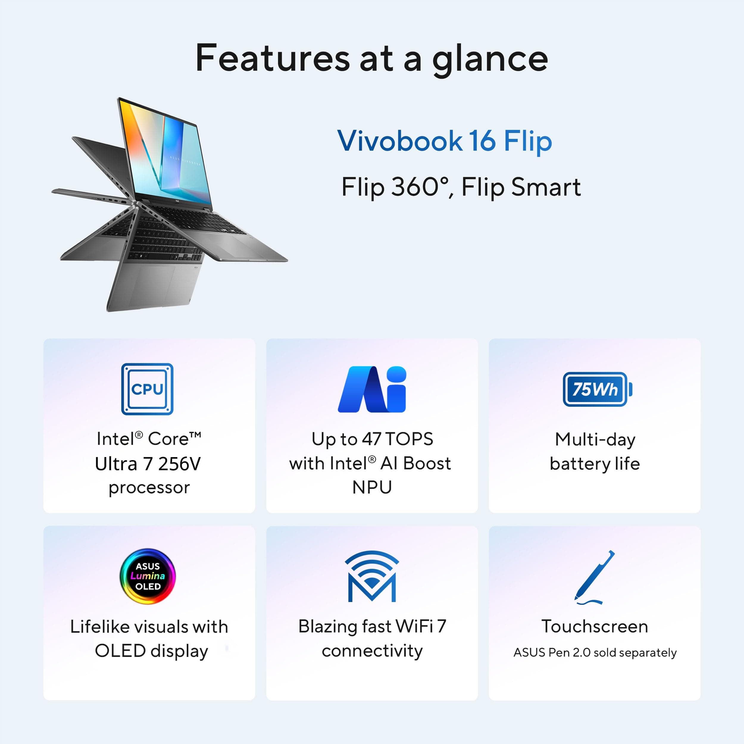ASUS Vivobook Flip 14 |TP3407SA-DS74T| Intel Core Ultra 7 256V 16GB RAM 1TB NVMe SSD 14" OLED Touch X360 MS Windows 11 13